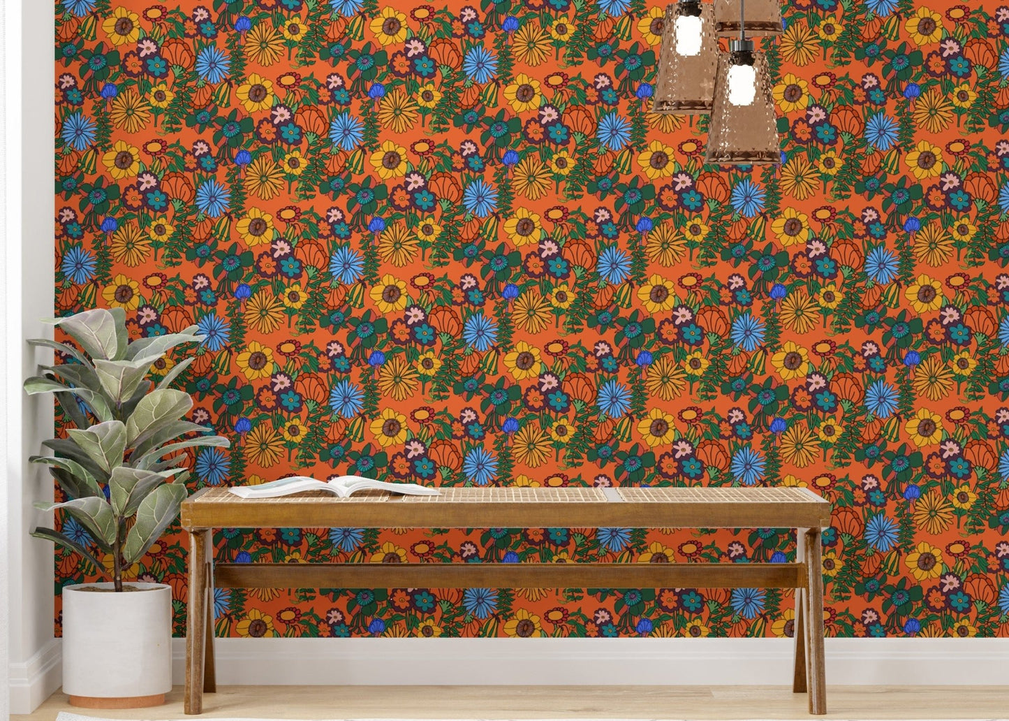 Retro 60s Floral Orange Wallpaper for a chic interior, SUSCT21