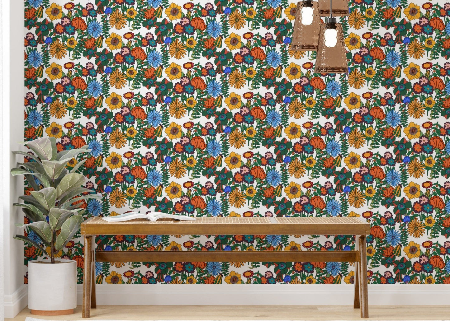 Artistic patterns in Retro 60s Floral White Background Wallpaper, SUSCT22