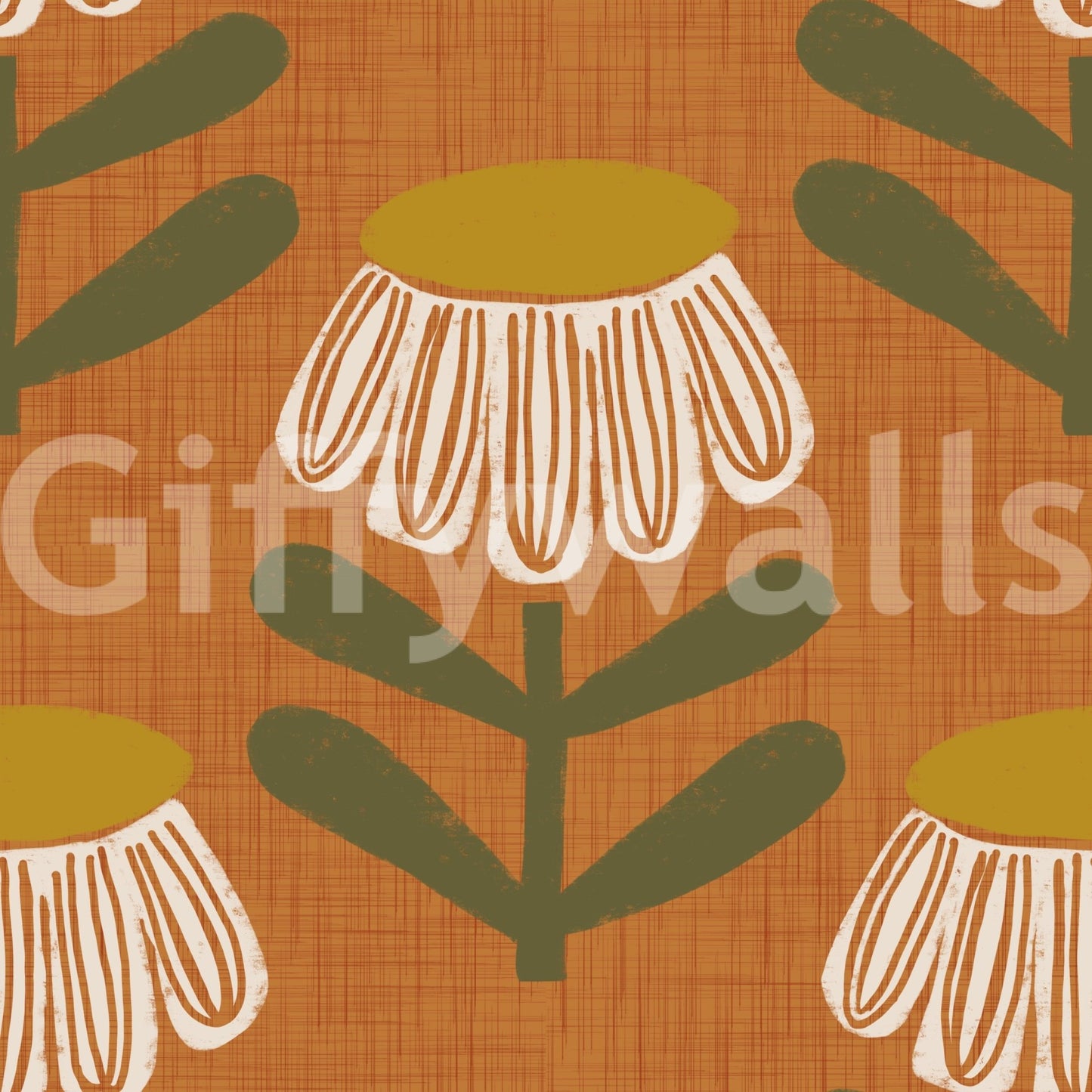 Retro wallpaper with burnt orange daisy flowers