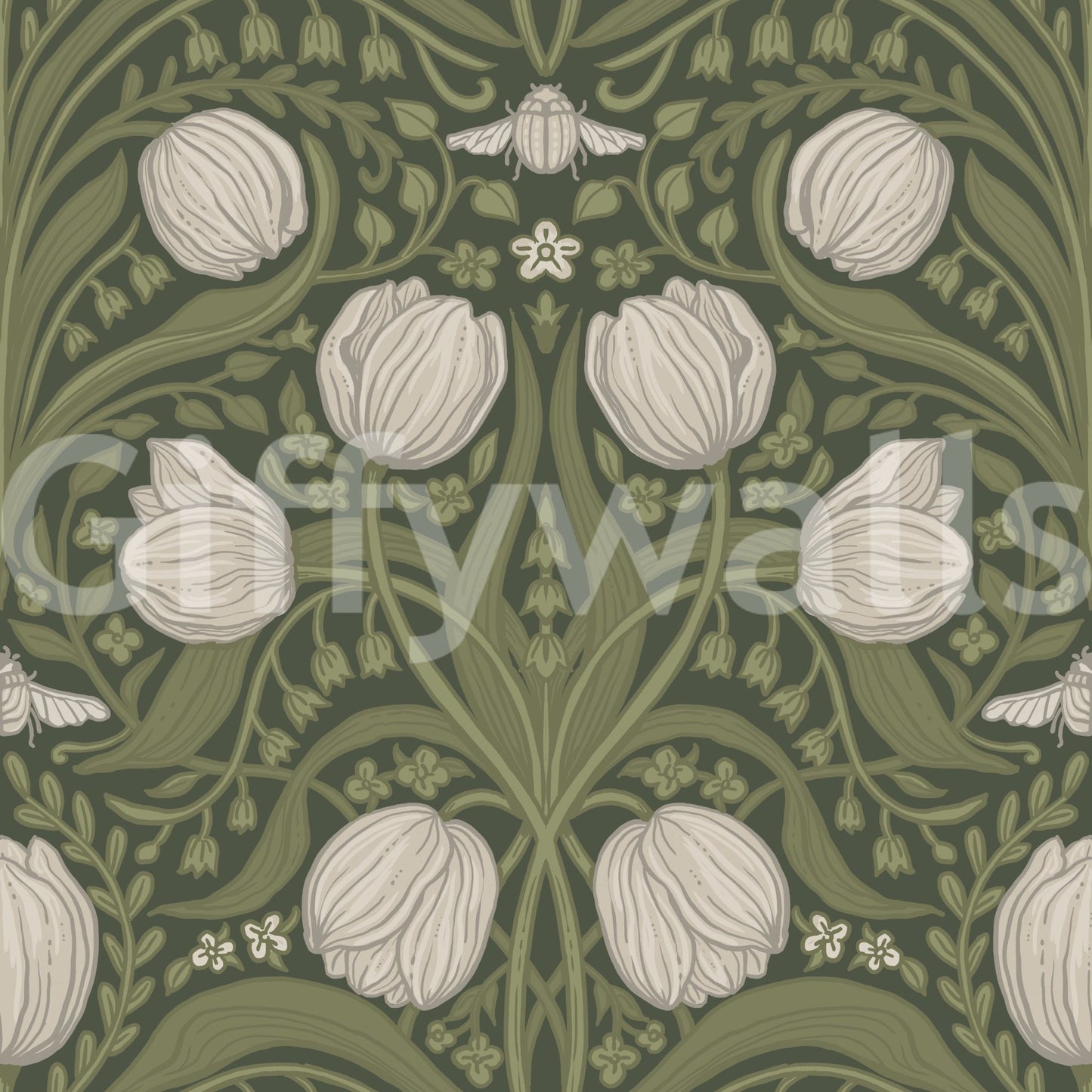 Tulips in orange and teal Wallpaper with art nouveau garden styling, GD9112