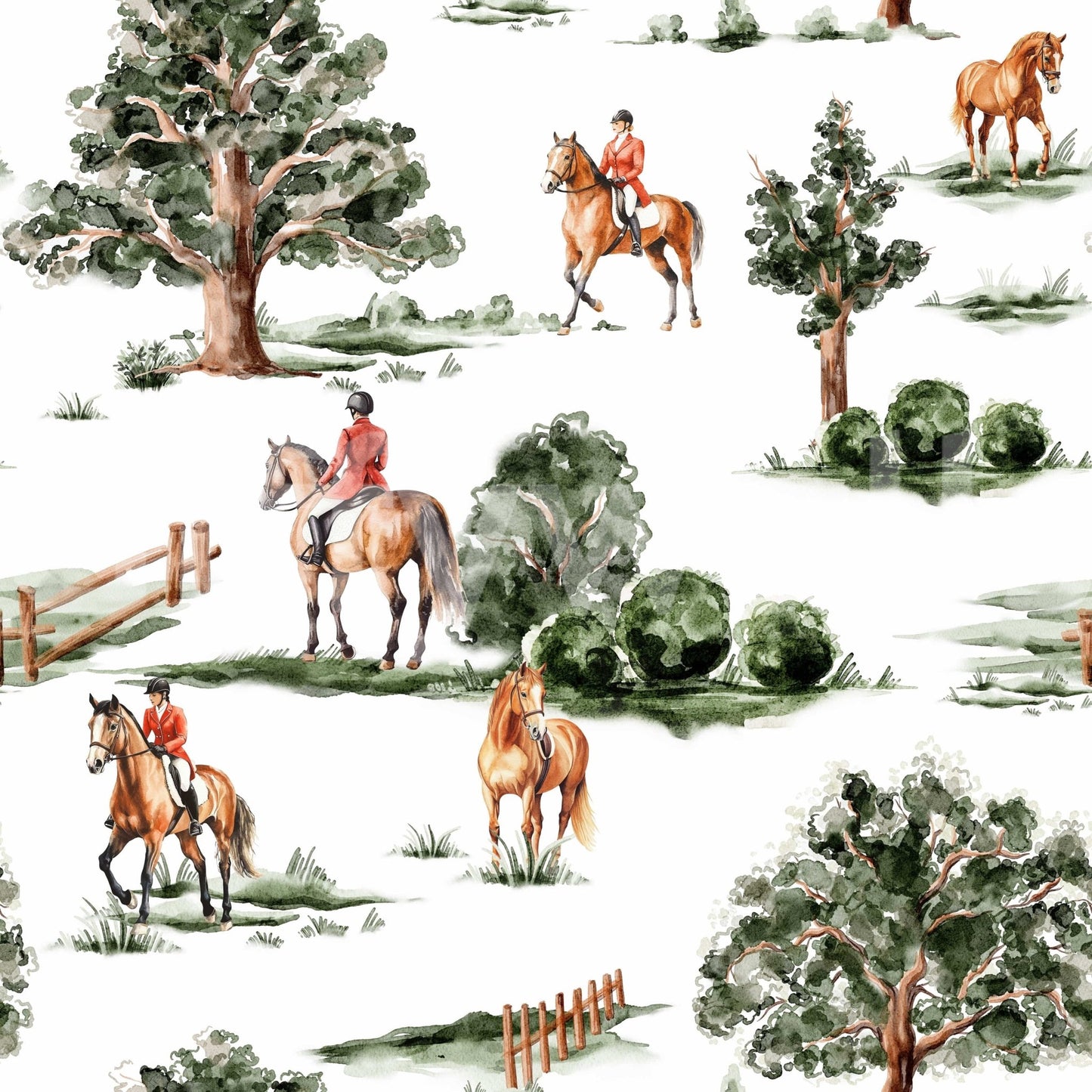 Galloping horses motif Riding in the Country wallpaper mural design.