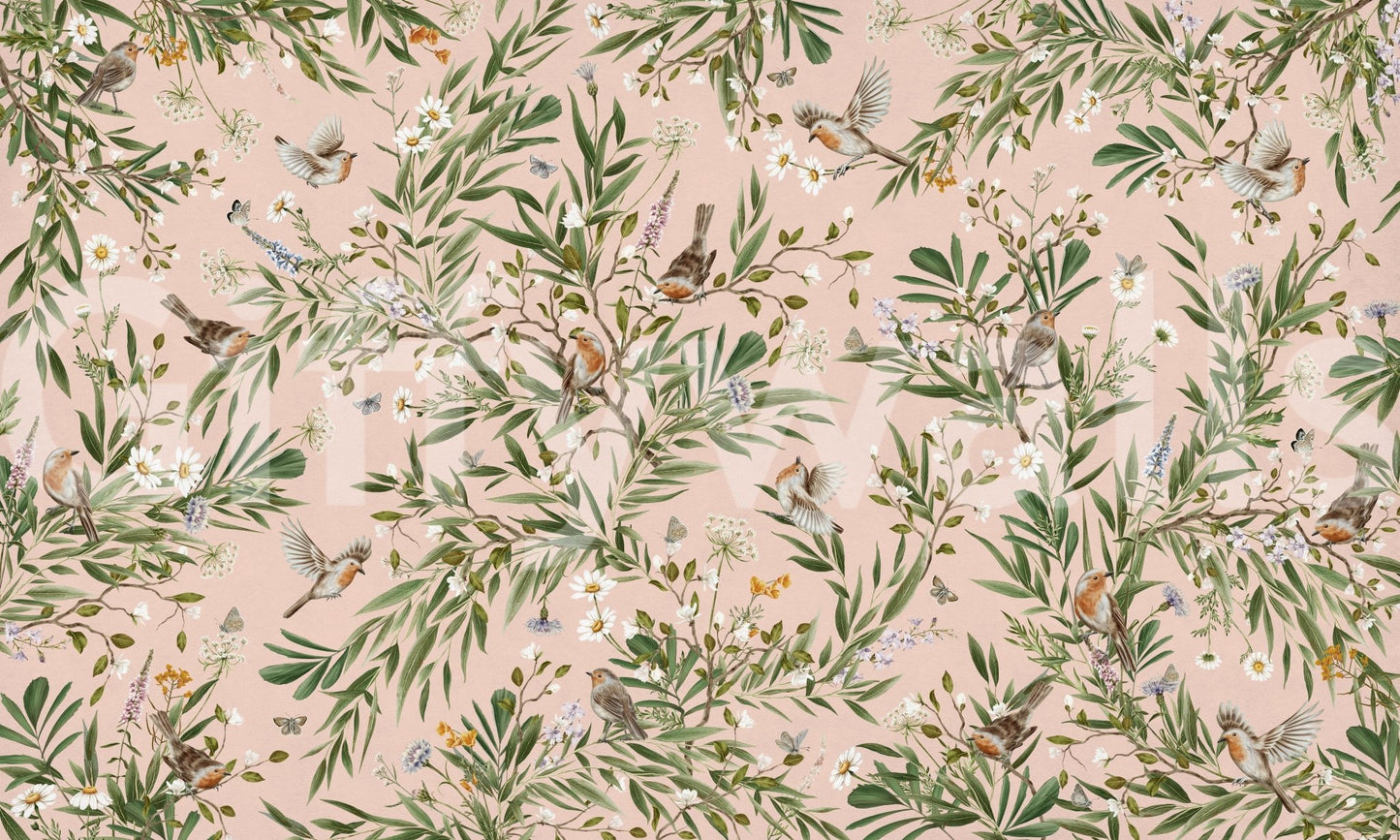 Artistic floral mural for a meditation space with natural light and cushions.