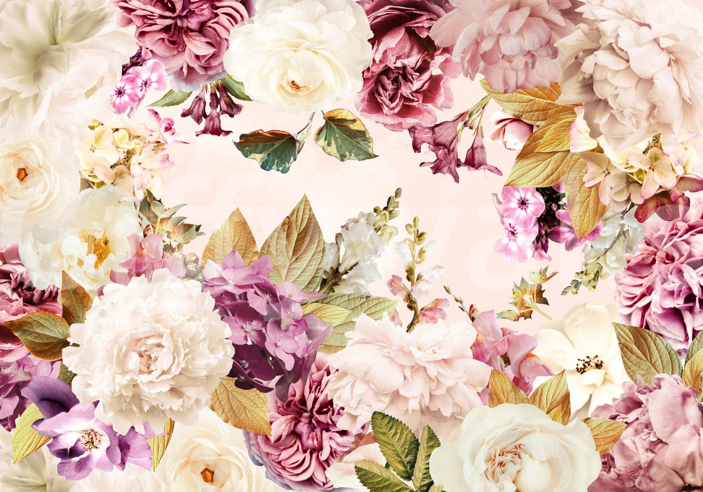 Nature-themed wall mural with romantic flowers