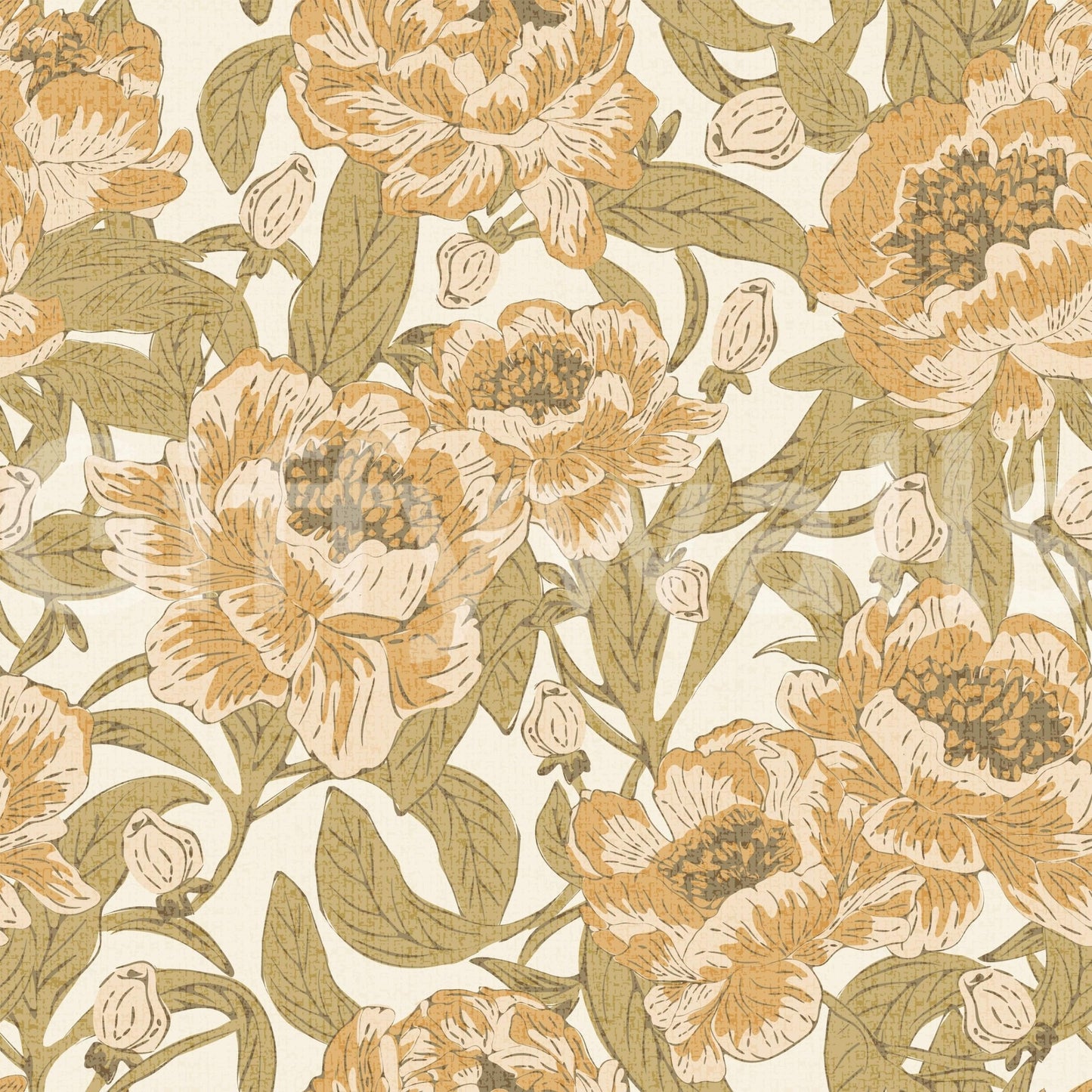 Romantic peony floral wallpaper in mustard gold