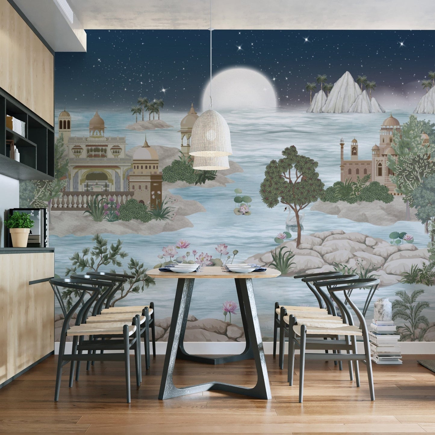 Peaceful palace mural with lotus pond and moonlight