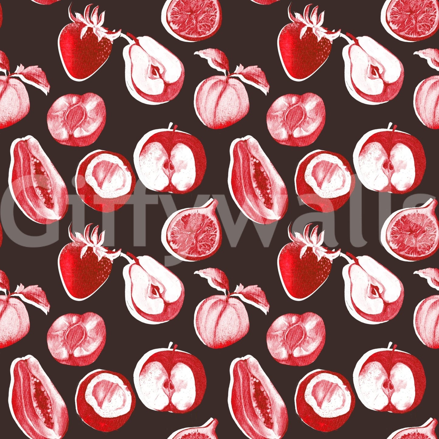 Graphic fruit motifs stand out in Retro summer fruits Wallpaper with ruby tones