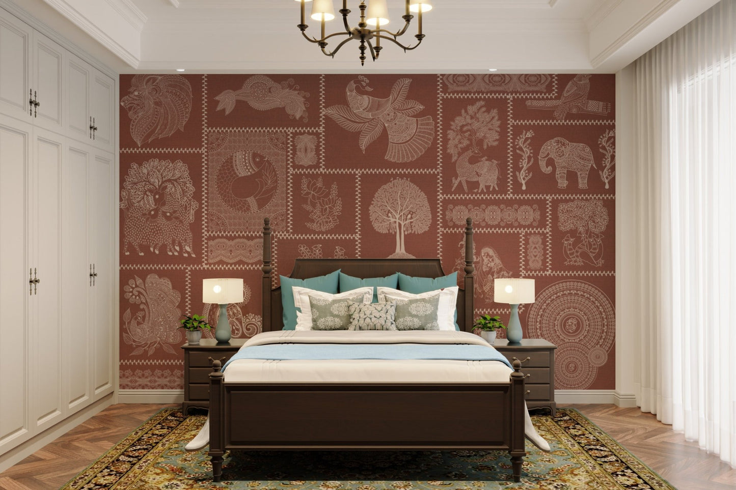 Intricate folk art on rust wallpaper