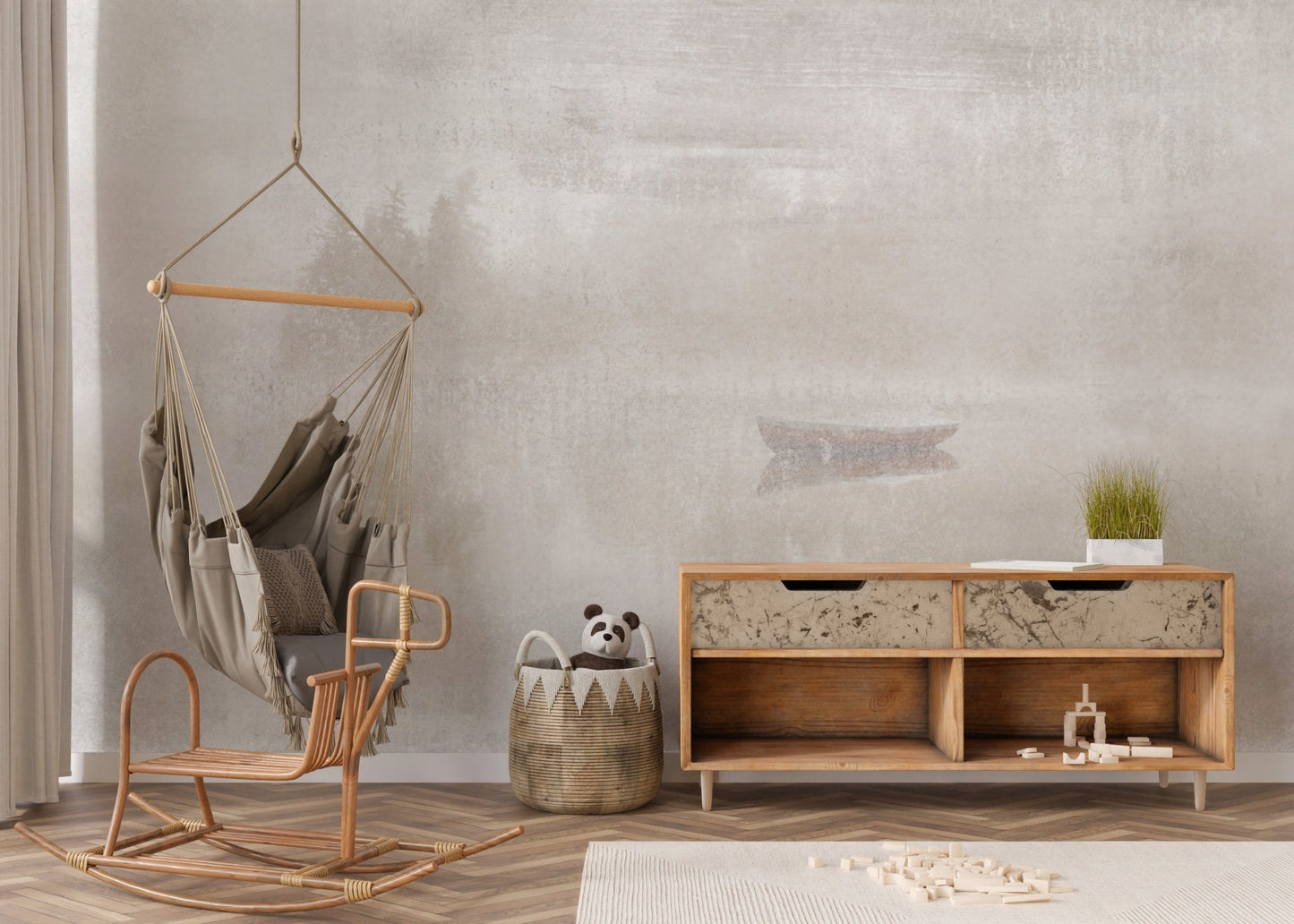 Rustic beige peel-and-stick wallpaper for hassle-free decor.