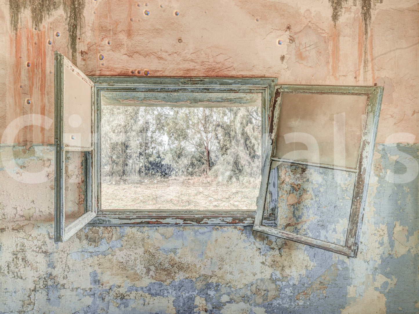 Peeling paint effect wall mural for an industrial chic interior aesthetic.