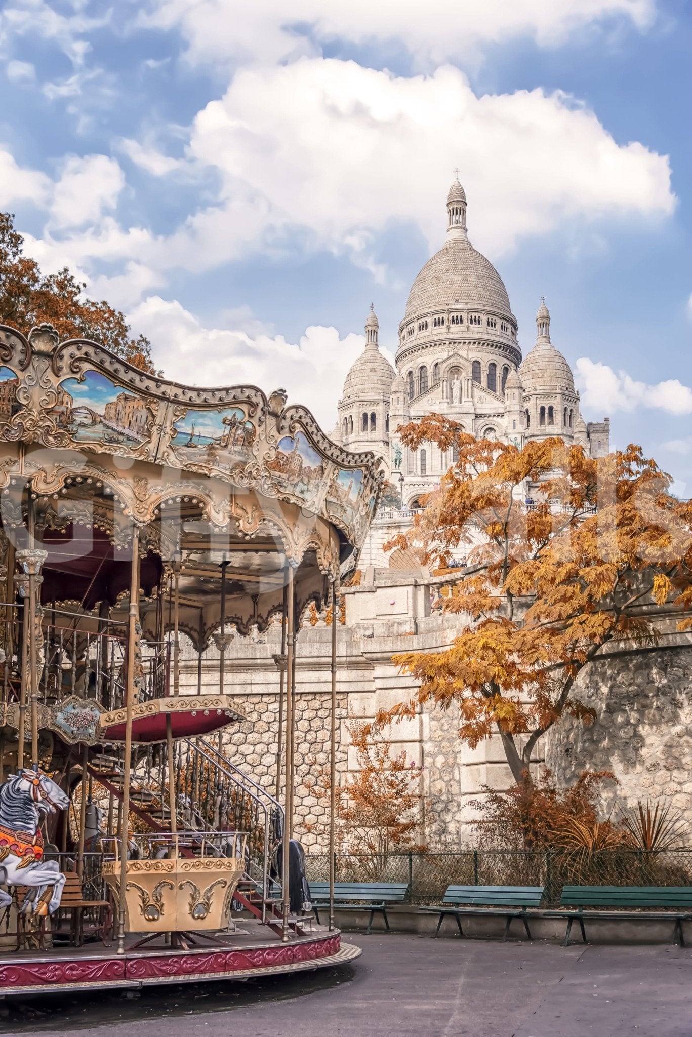 Sacre-Coeur Carousel wall mural showing a Paris carousel and basilica under soft clouds