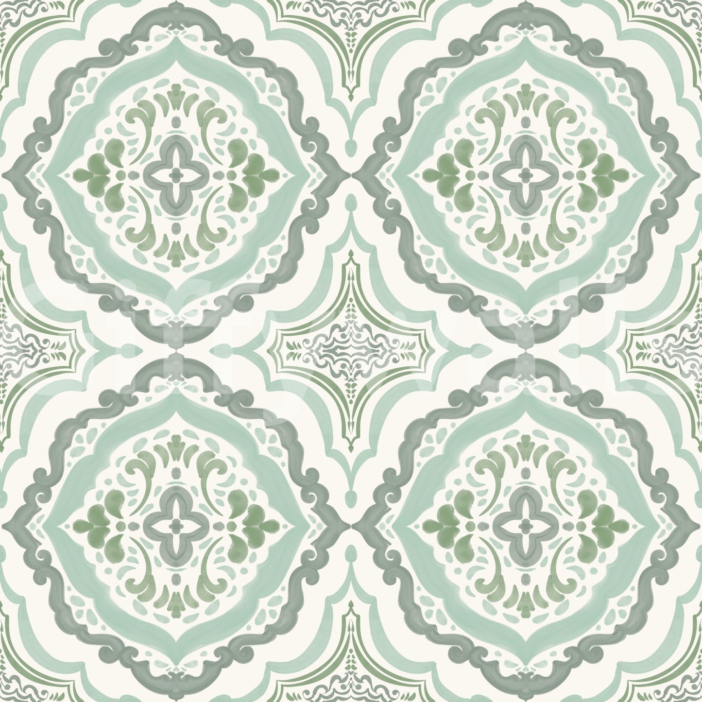 Muted green Sage Bloom Tile Wallpaper in a symmetrical vintage tile pattern layout