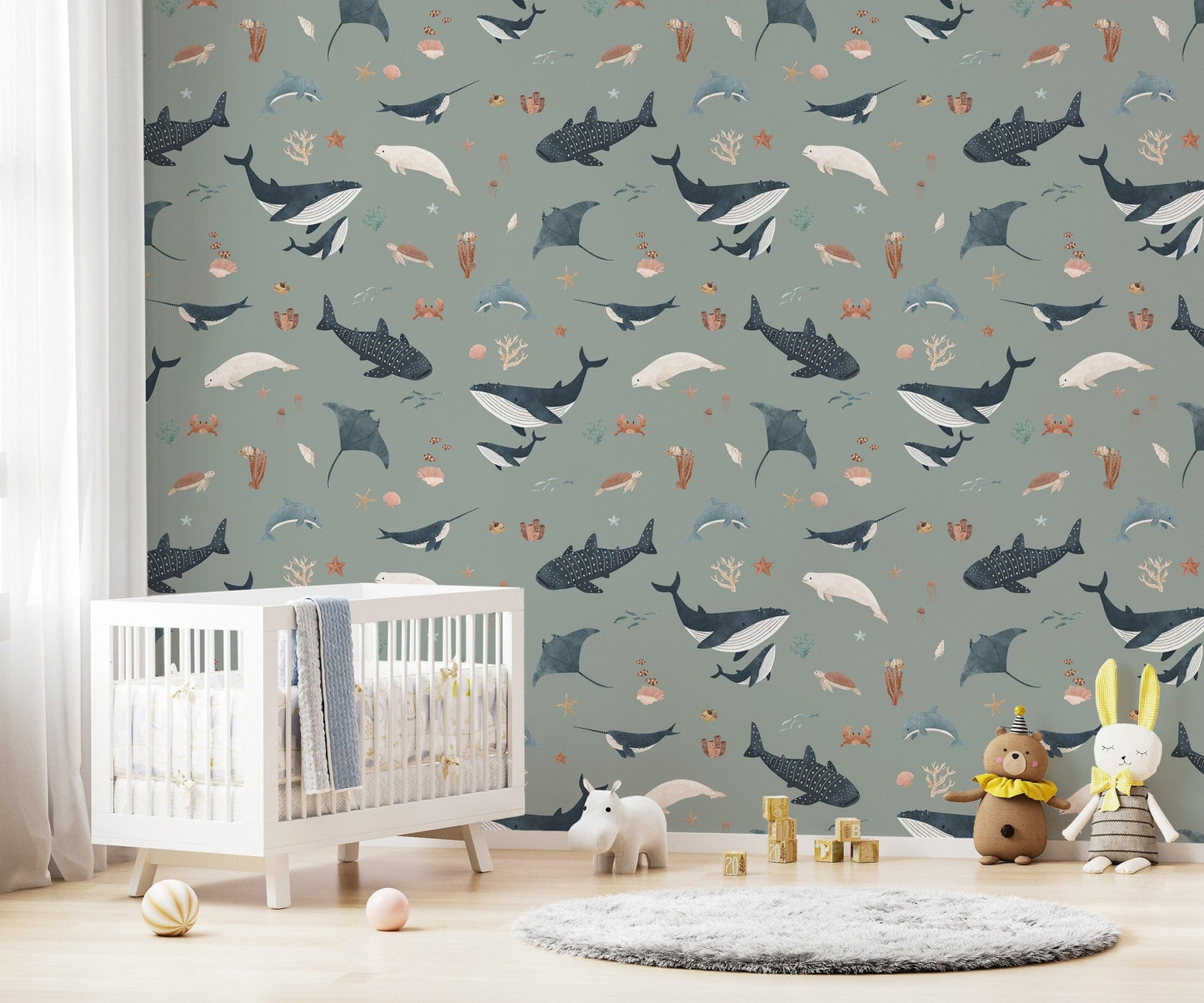 Nautical sage green sea life wallpaper