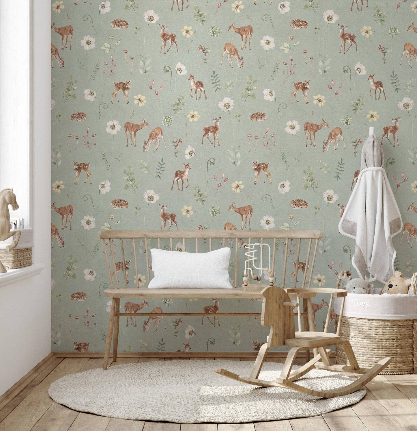 Botanical sage green wallpaper with deer KB79