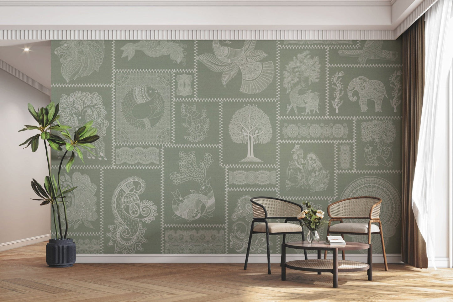 Ethnic Indian wall mural in green