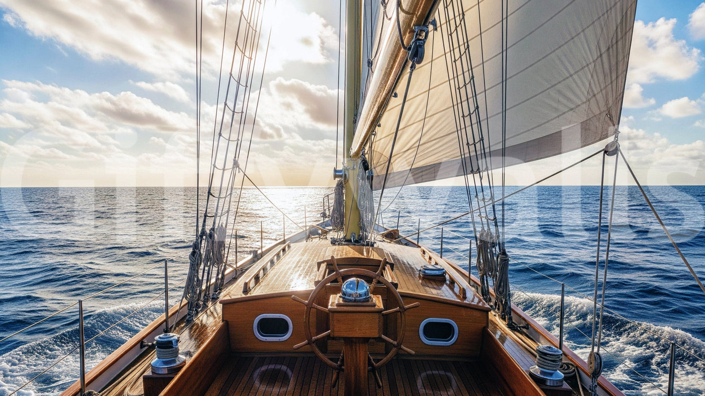 Sailing away wall mural with crisp white sails against a deep blue sea.