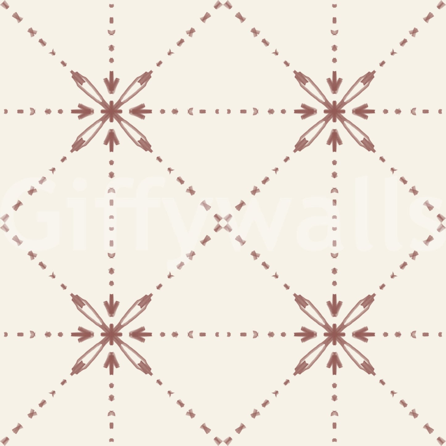 Terracotta wallpaper showing dotted stitch lines and floral nodes
