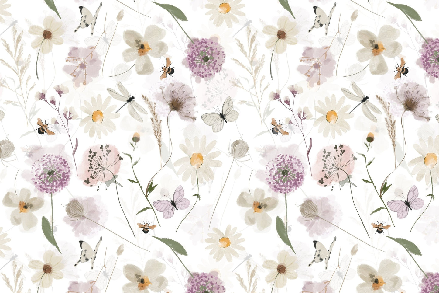 Scandinavian Watercolor Meadow Flowers with Bees and Butterflies Wall Mural