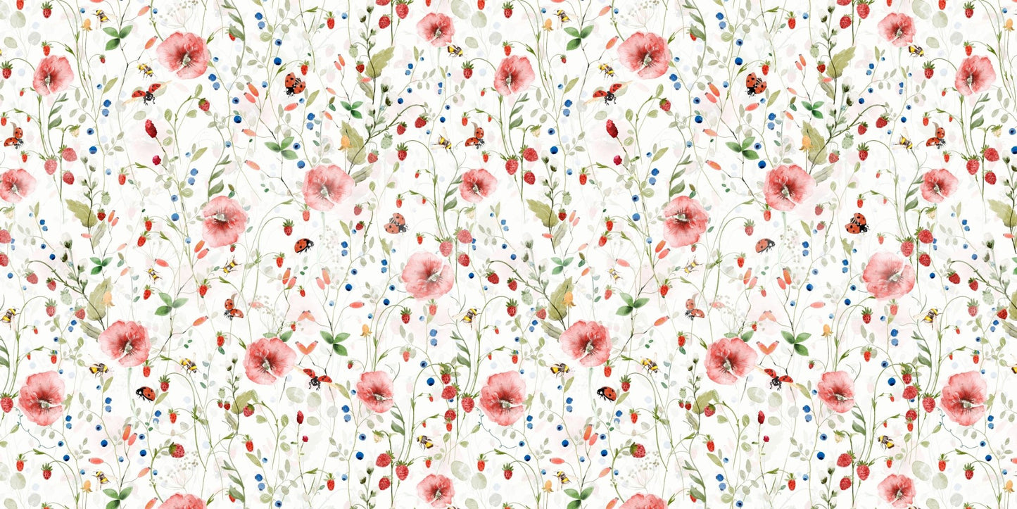 Scandinavian Watercolor Poppies Strawberries and Wild Berries Wall Mural