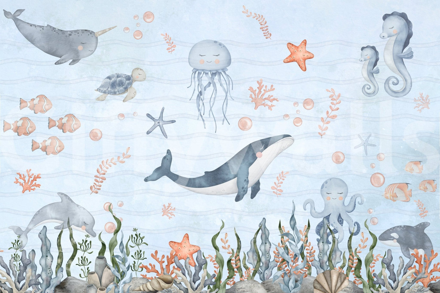 Aquatic themed wallpaper for a creative storytelling nook wall mural.
