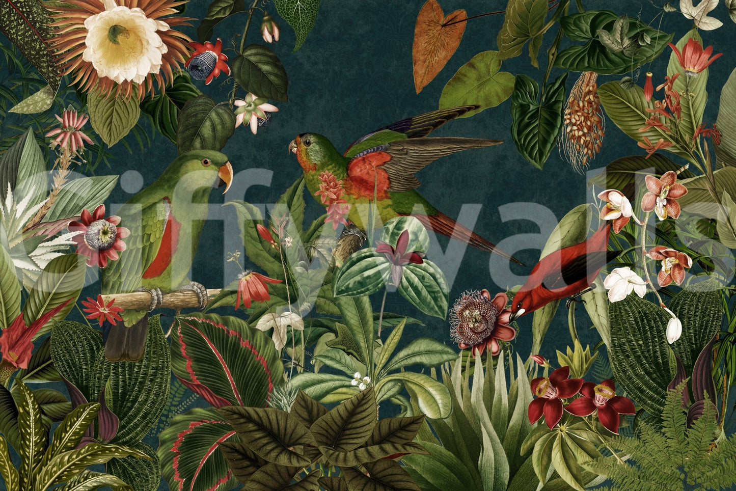 Tropical Retro Garden Wall Mural with Lush Foliage
