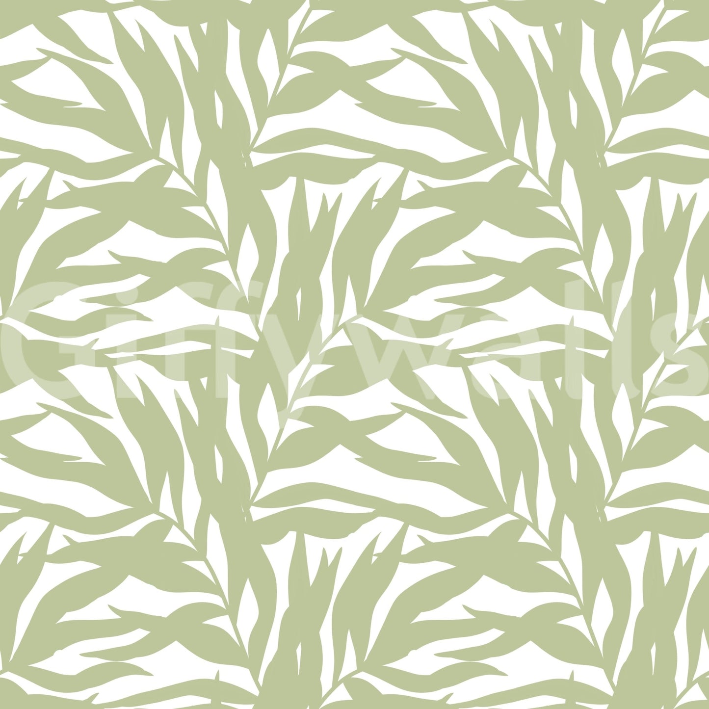 Calm botanical wallpaper showing repeating sage canopy leaves throughout, GD8815