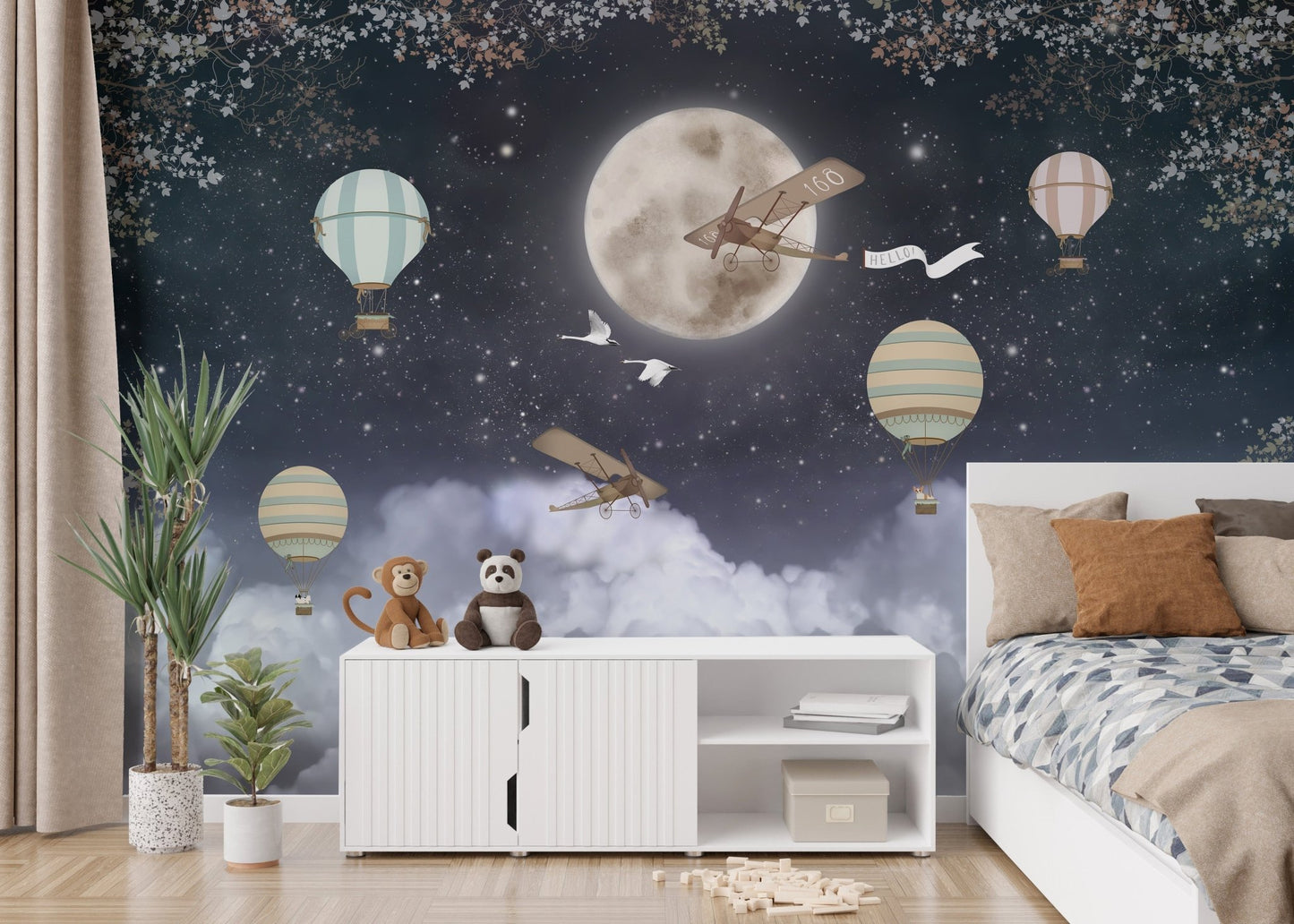 Whimsical balloons under shiny stars wallpaper