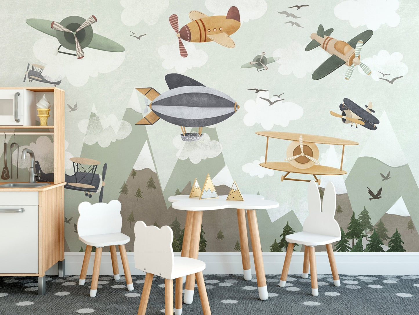 Whimsical mural with planes and zeppelins, C126