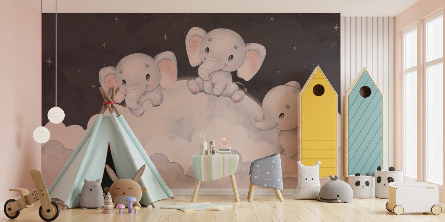 Baby elephants sleeping on clouds mural