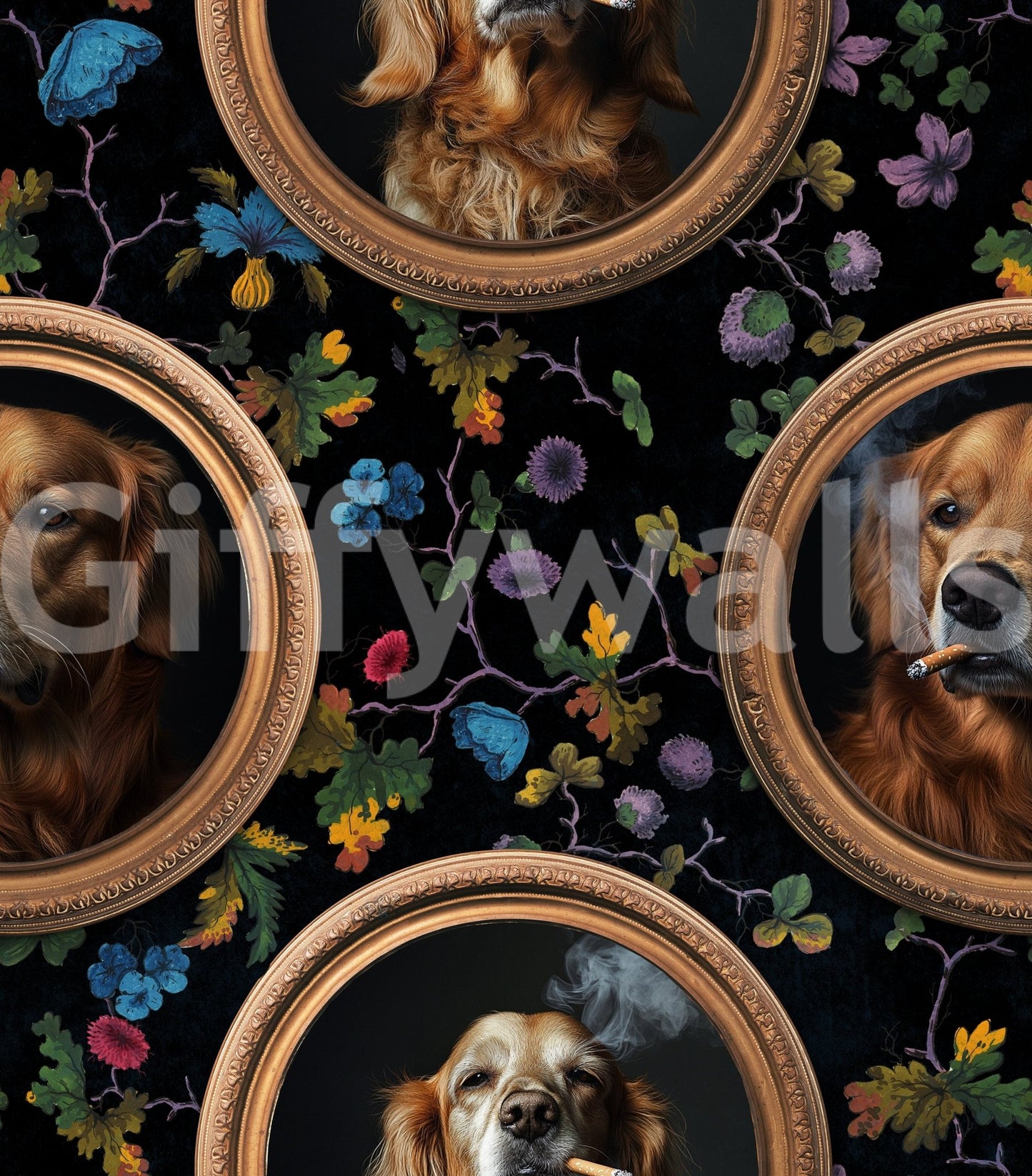 Wall decor blending classic art with a humorous canine twist.