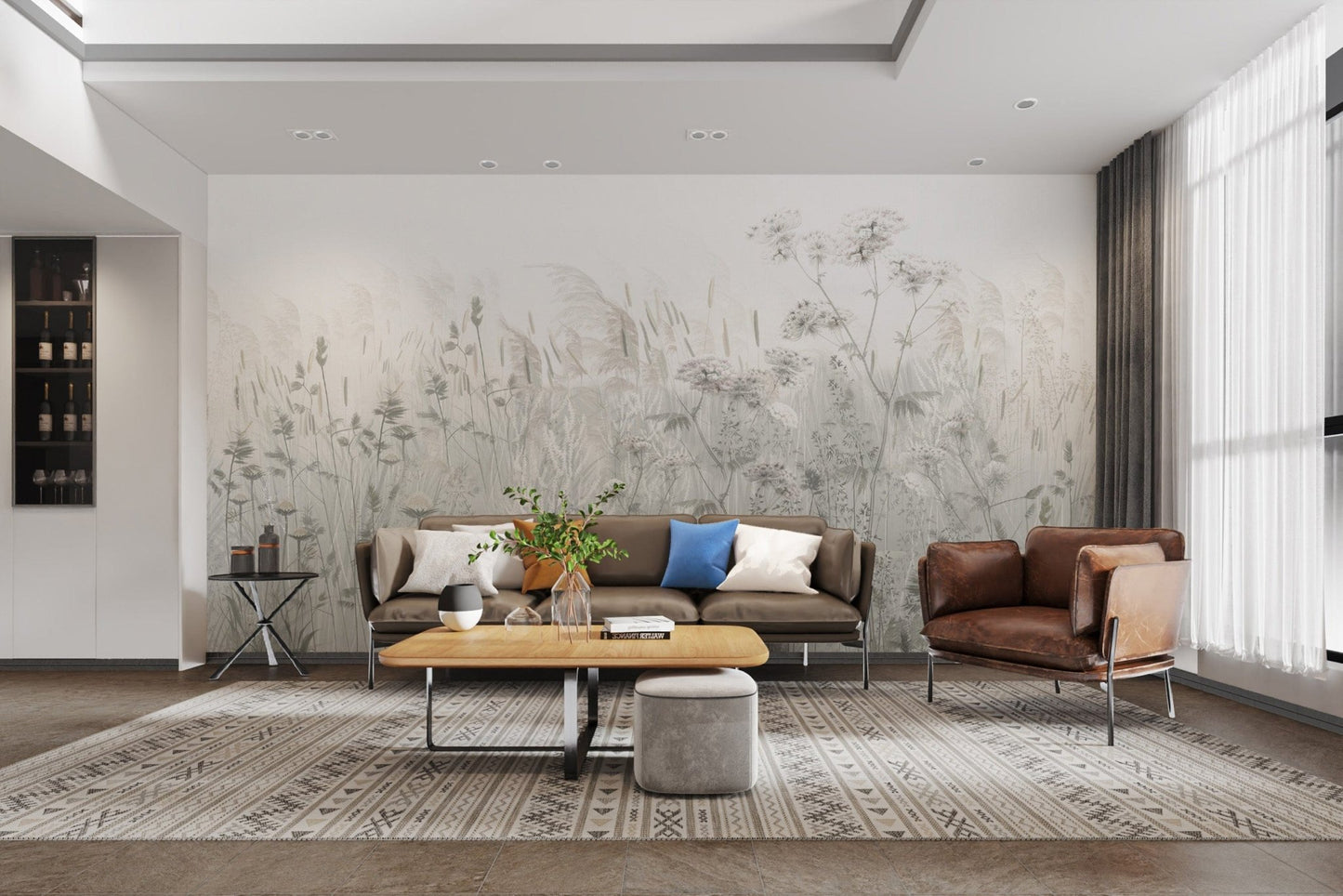 "Wildflower meadow wallpaper in soft tones"