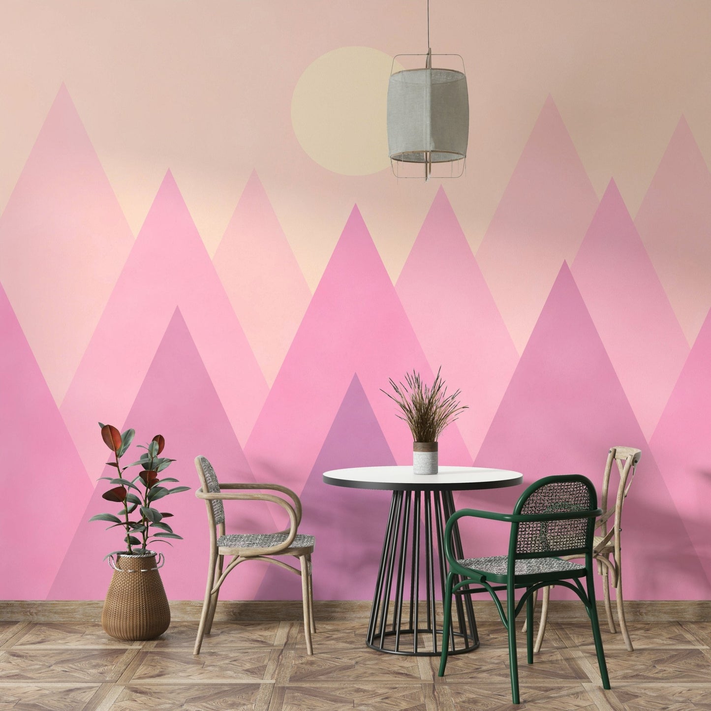 Whimsical pink mountain mural design
