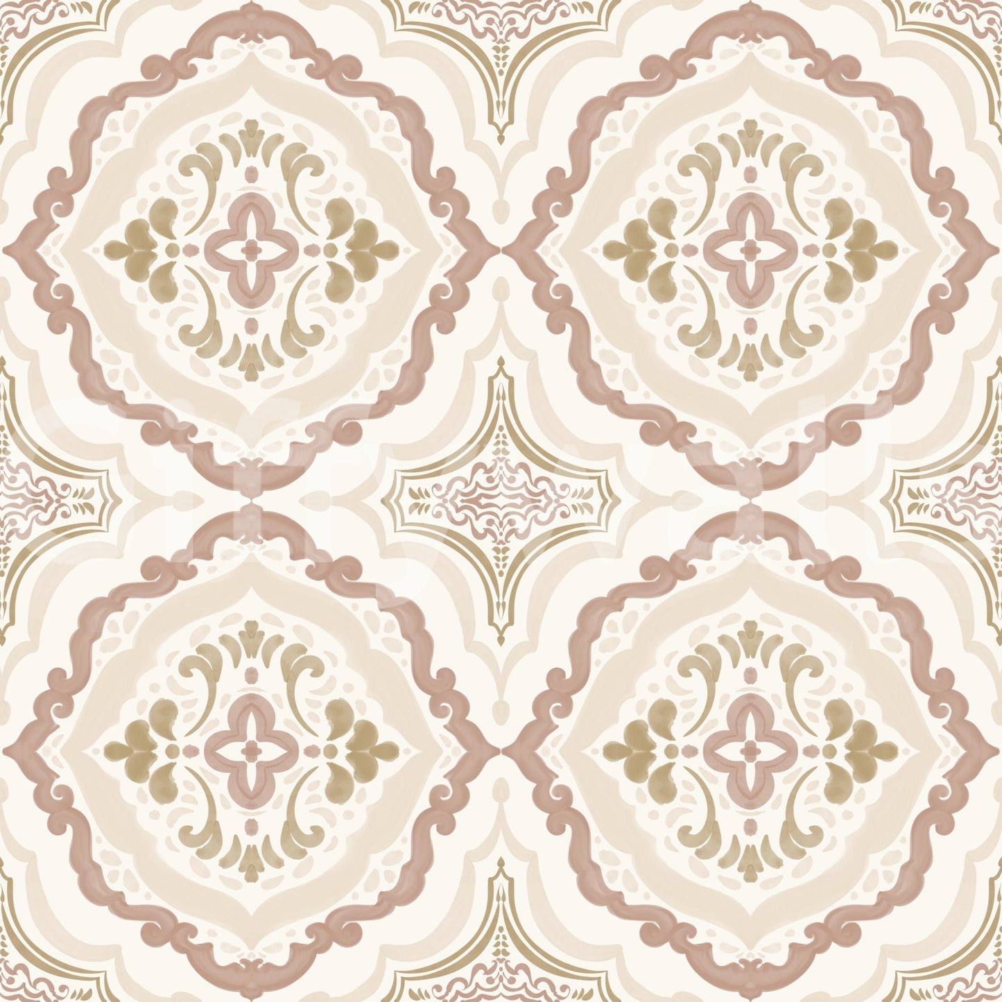 Ornate Soft Sienna Mediterranean Tile Wallpaper in a warm pastel tile pattern