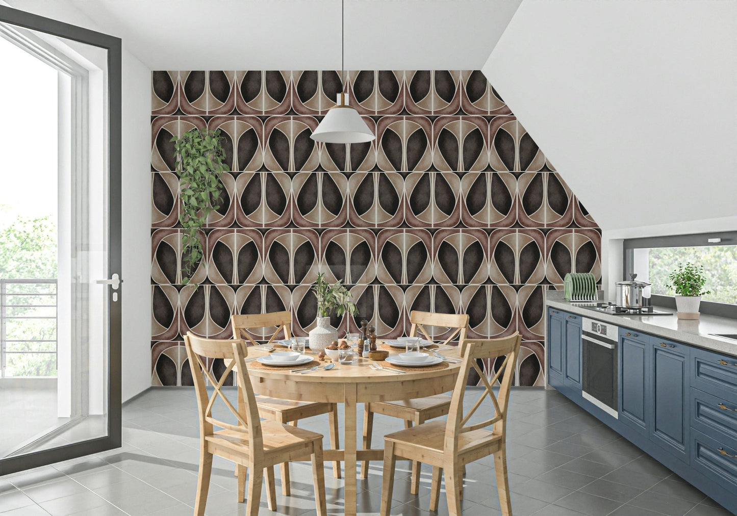 Dramatic coffee-toned deco wallpaper with curved shapes