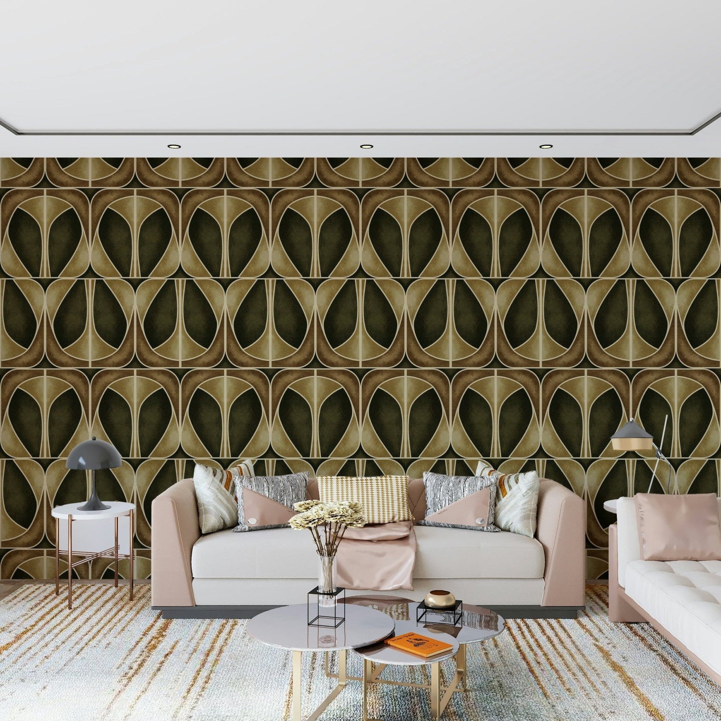 Softy Dèco Geometries wallpaper in gold, tan, and black