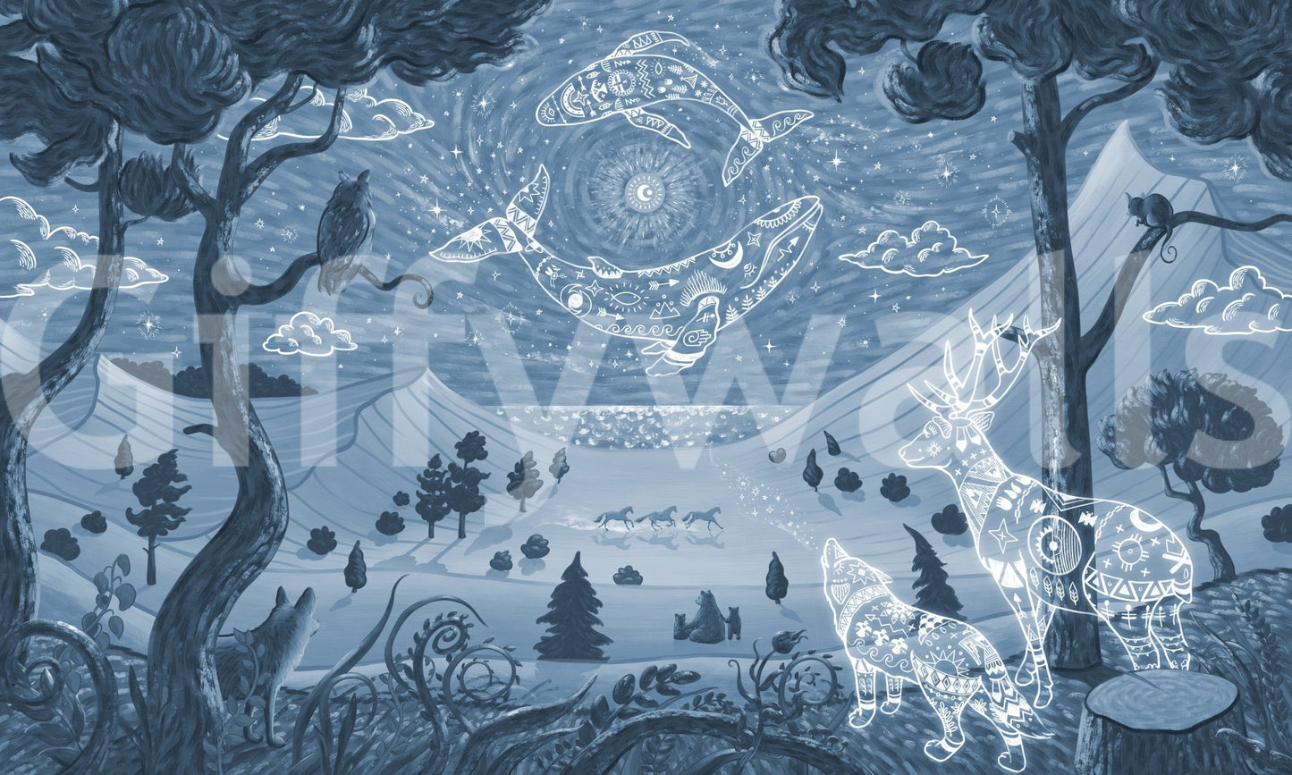 Spirit Night Blue Wall Mural with glowing symbolic line details, GD9197