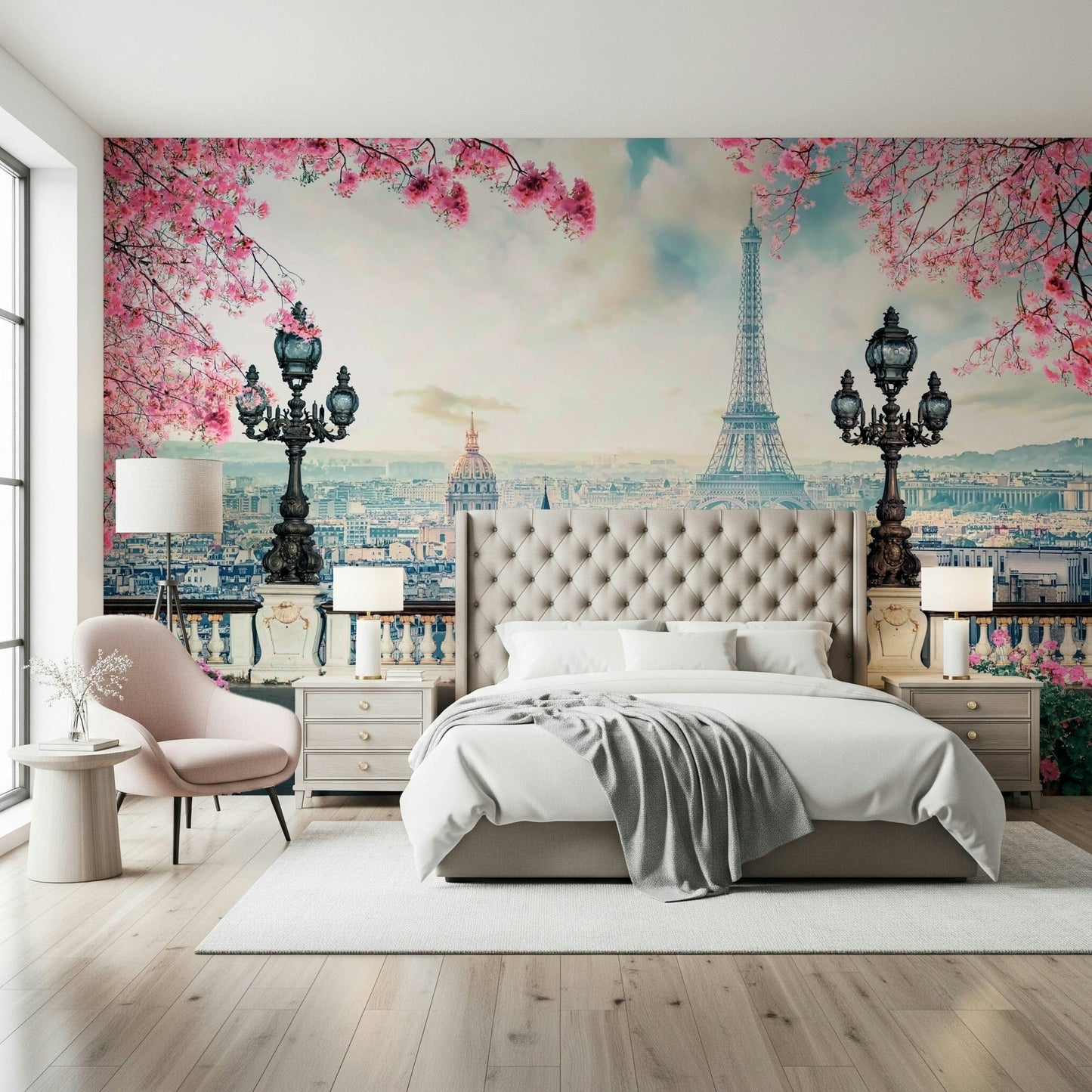 Spring in Paris wall mural with Eiffel Tower and blossoms