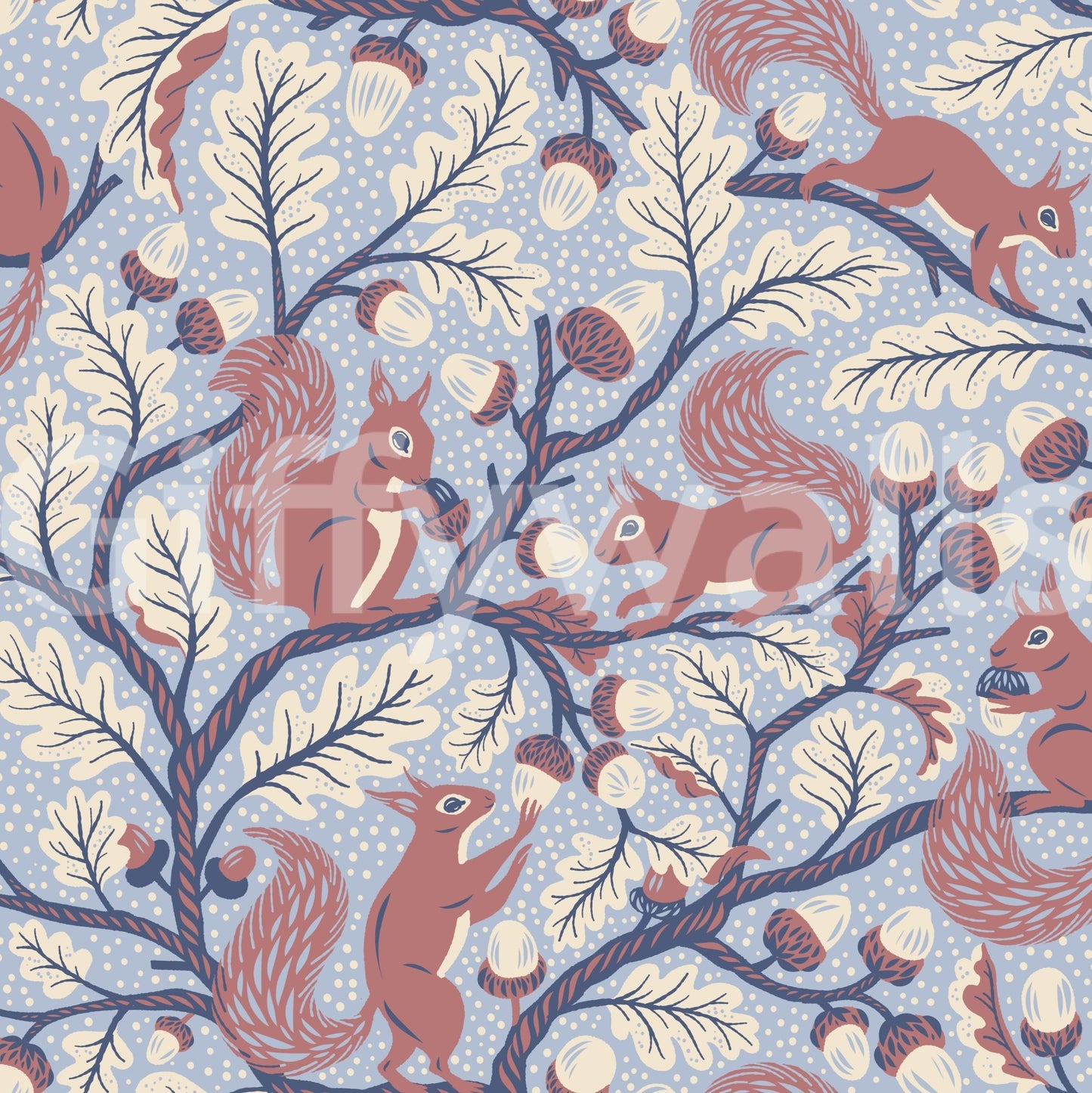 Squirrels in Oak tree - Blue Wallpaper
