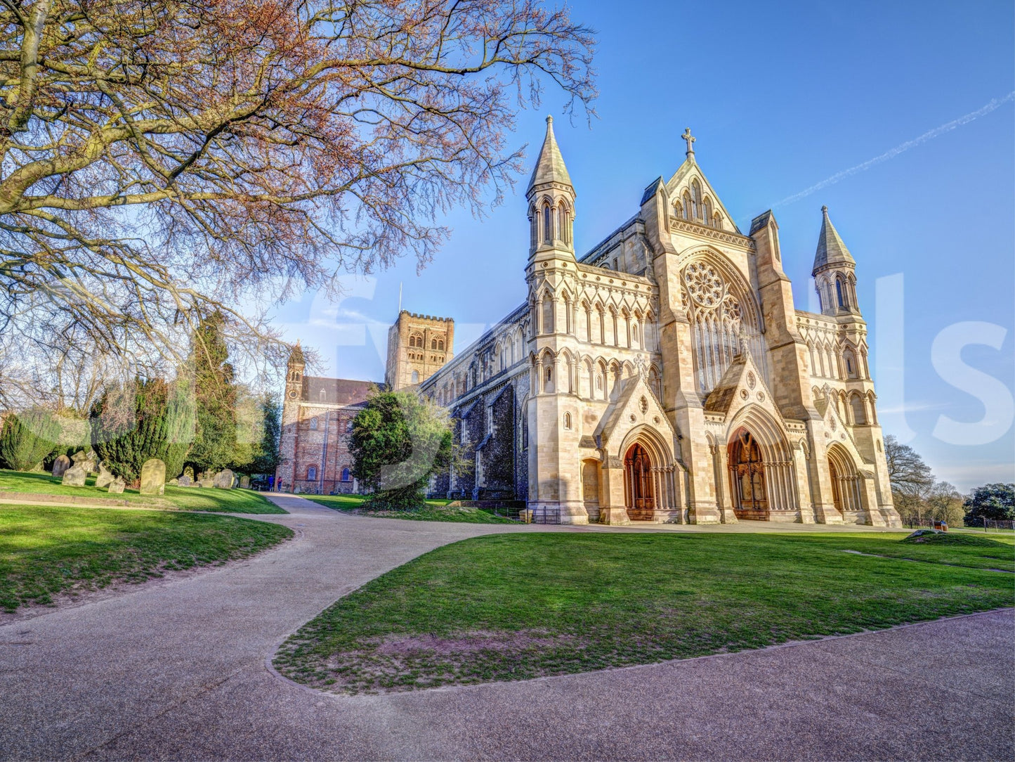 Open landscape with cathedral in St Albans Cathedral Wall Mural design