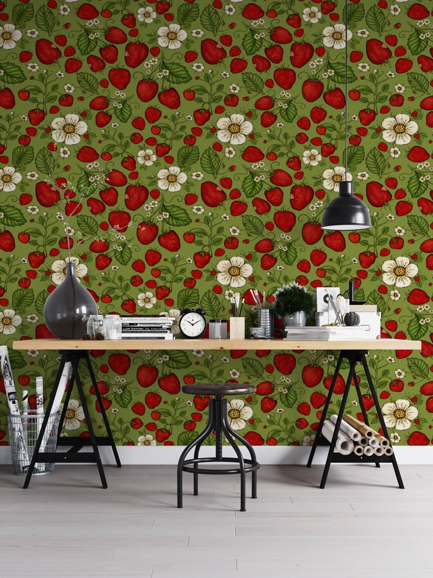 Red strawberry pattern on fresh green wallpaper for charm.