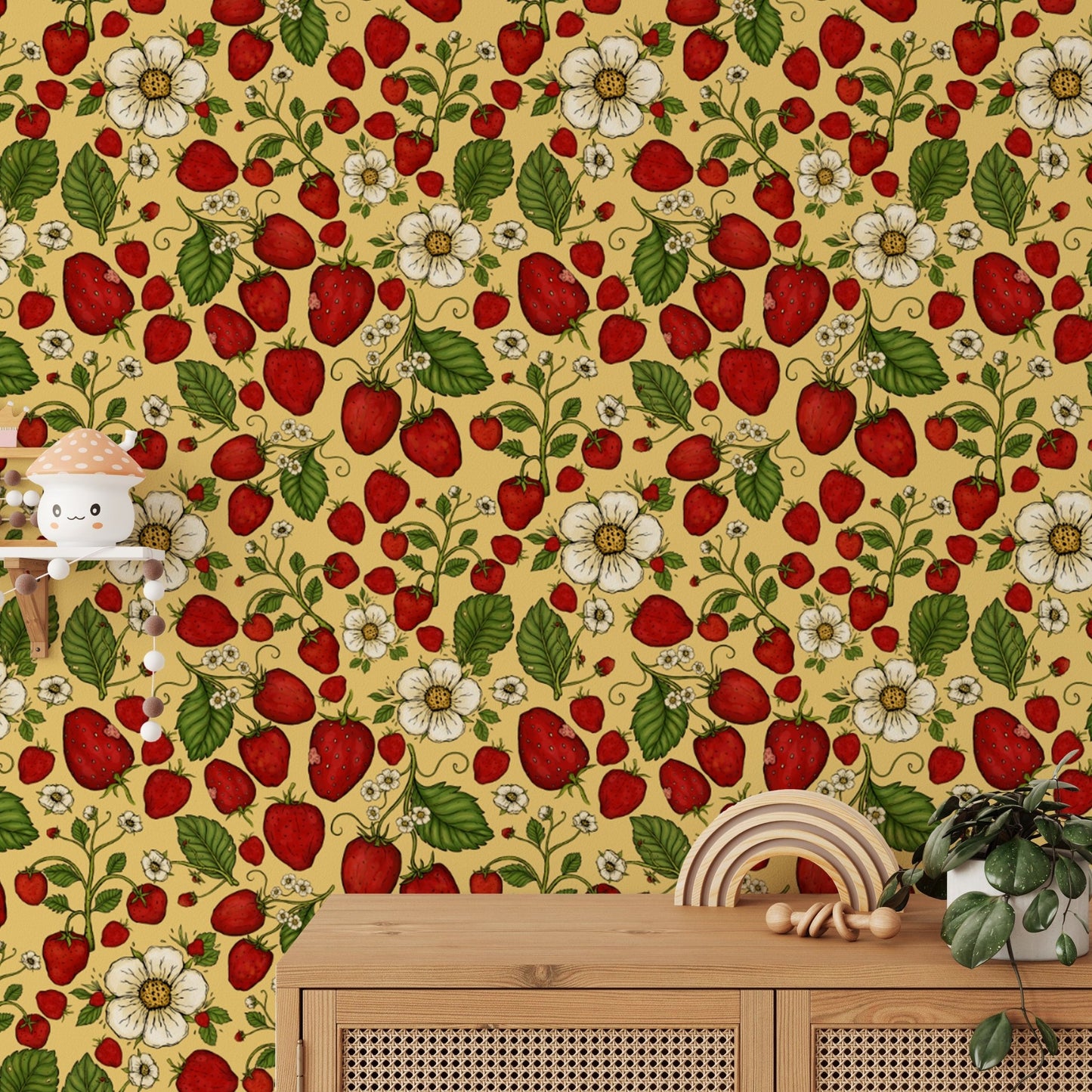 Summer-inspired strawberry wallpaper with vibrant yellow hues. RNM91