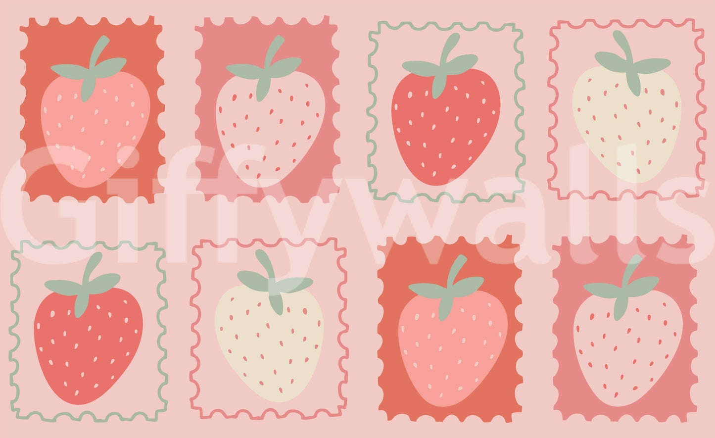 Decorative wallpaper with strawberries in stamp layout