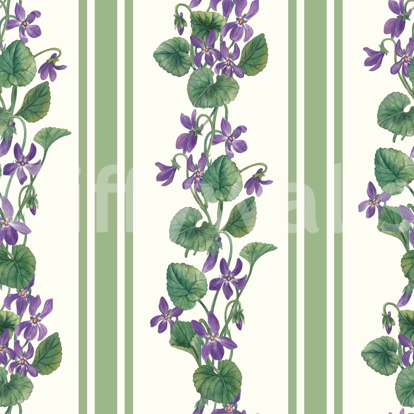 Decorative floral stripe wallpaper with neat green stems and violet petals