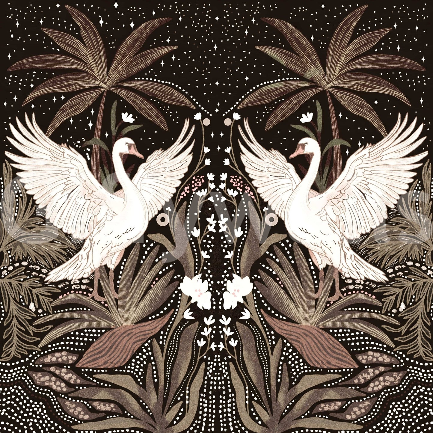 Peel and stick Swan Nightfall Serenity mural, botanical detail, fabulous room accent.