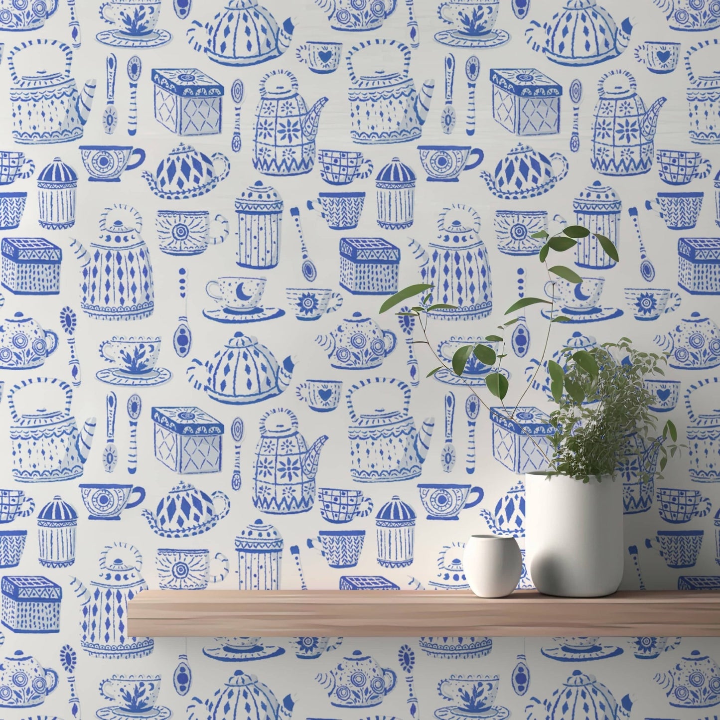 Blue tea set wallpaper for a touch of elegance in interiors.