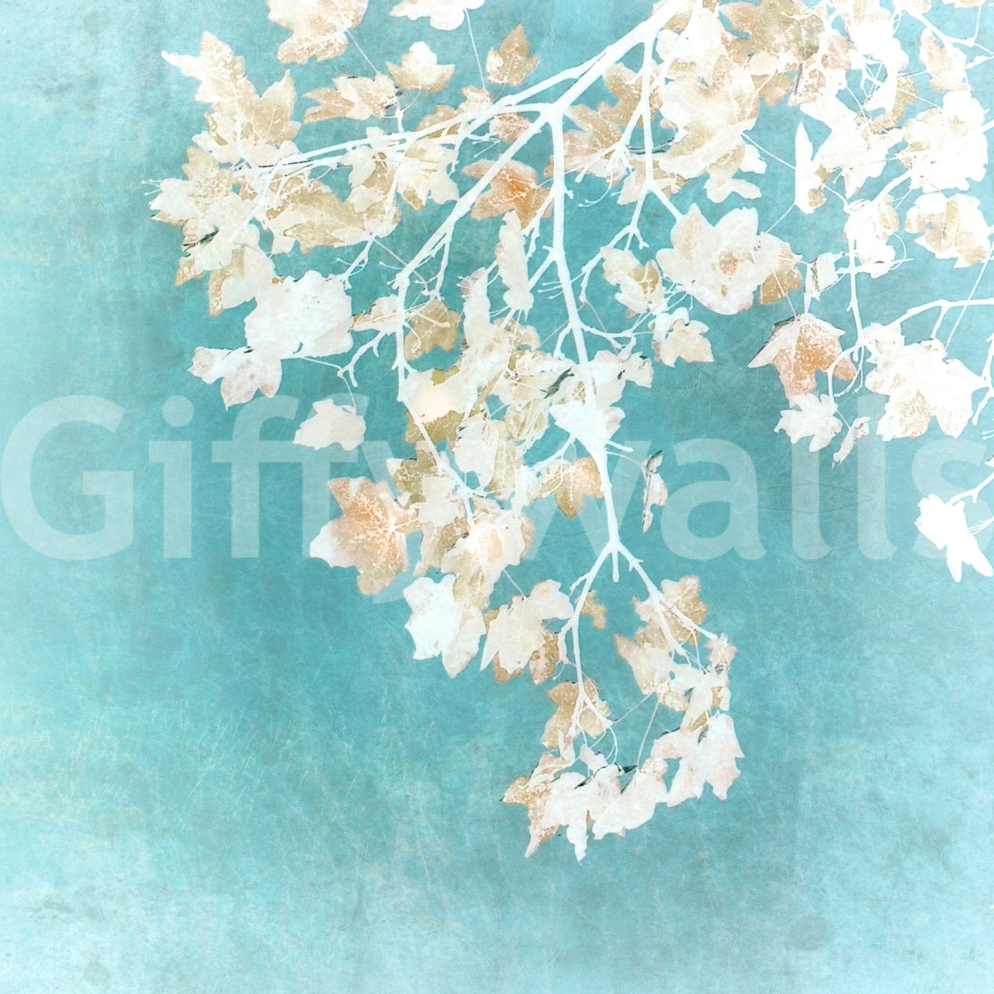 Rustic cerulean Teal Leaf Whispers wallpaper mural frosted leaf design., GD7464