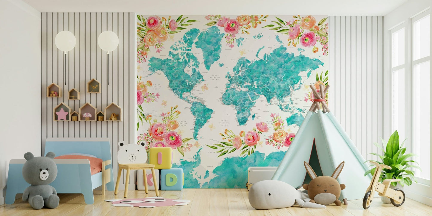 Teal world map wallpaper for walls