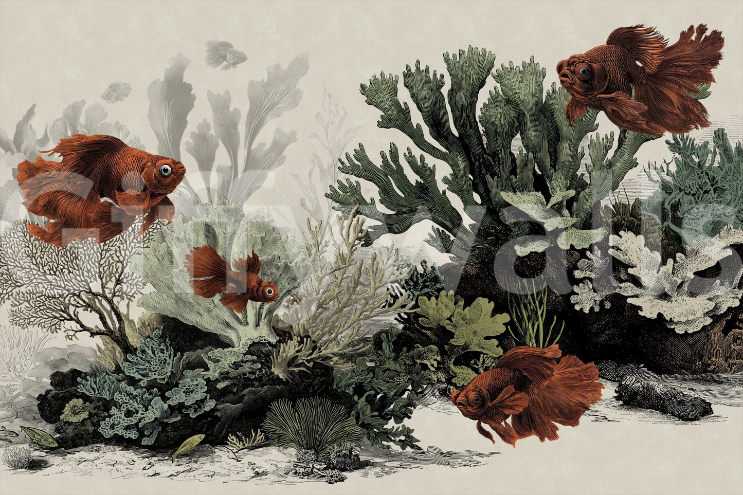 Parchment tone mural with vibrant orange fish designs.