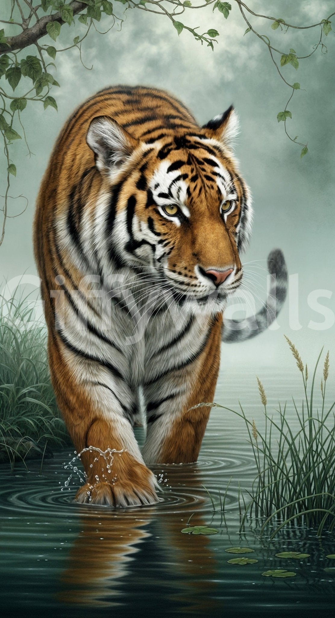 Misty wetland scene in Tiger's Trail Wall Mural with reeds and a walking tiger ahead, GD8882