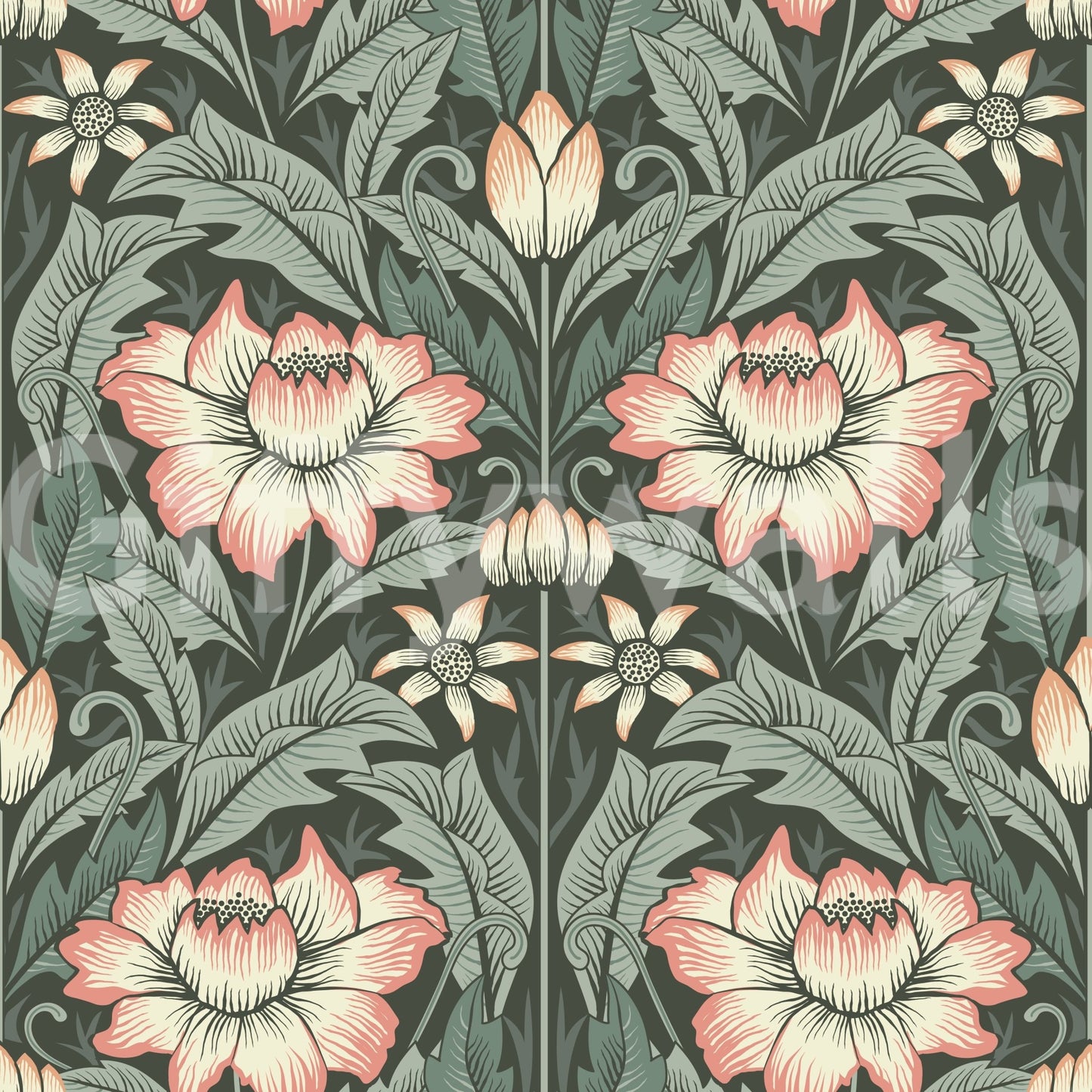 Corner of a library featuring the charming Forest Green Wallpaper print art.