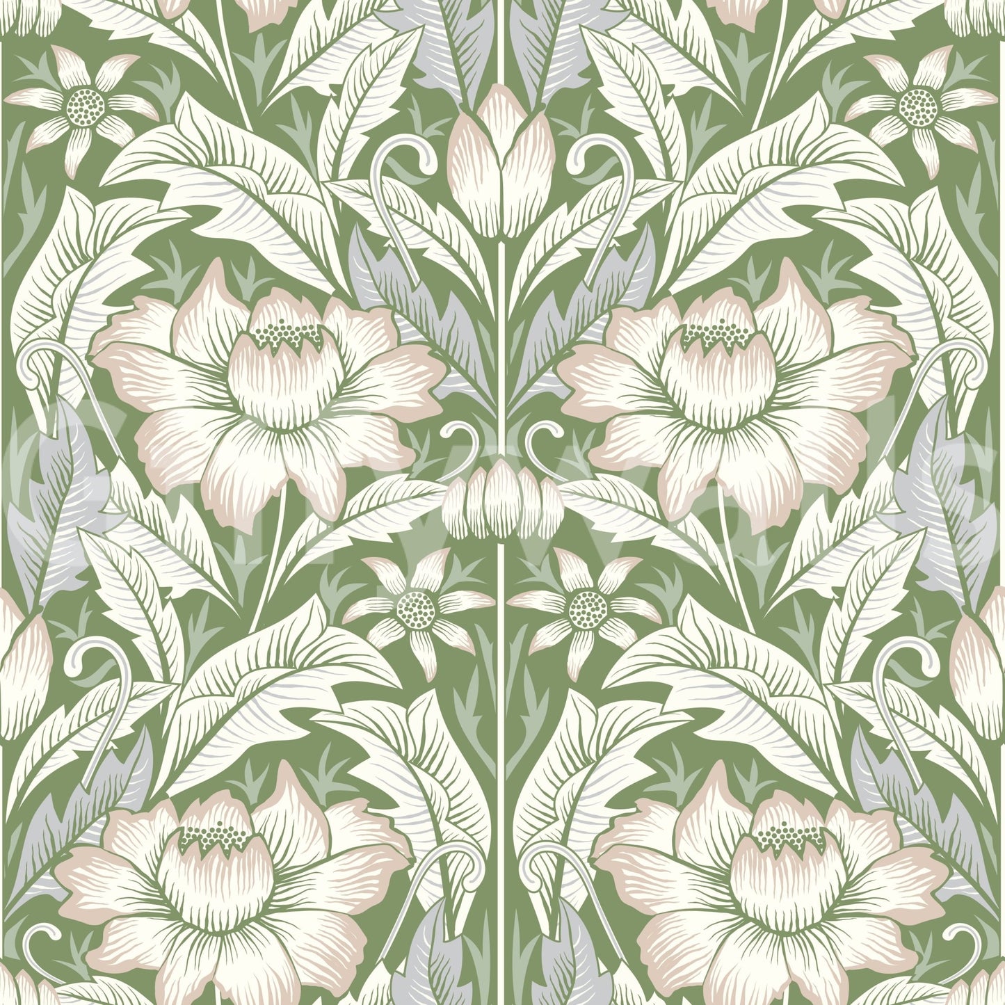 Corner of a bright nursery featuring the charming Sage Green Wallpaper.